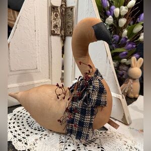 Primitive. Handcrafted Tan Goose Decor with Plaid Scarf